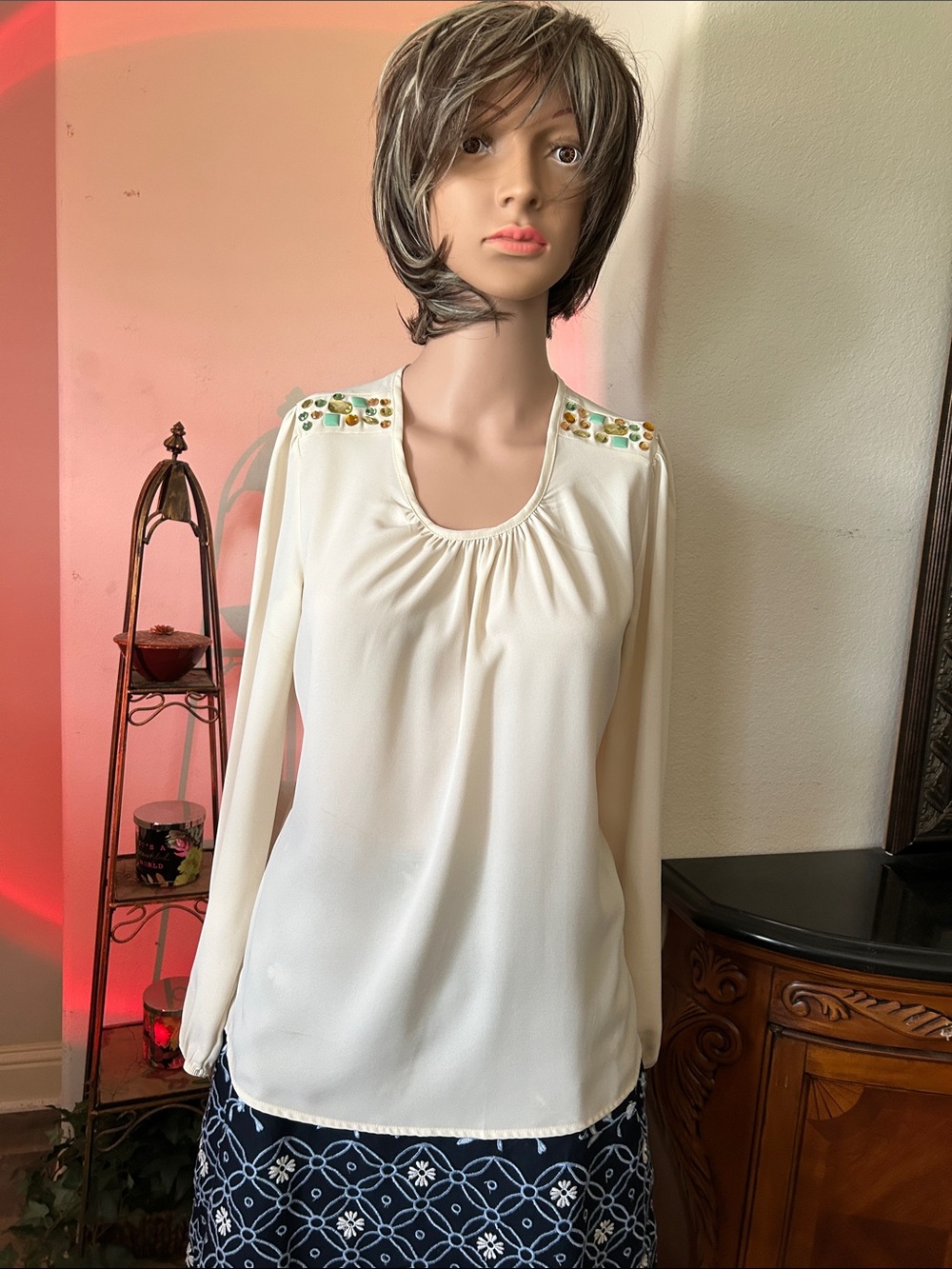 buttons Cream Long-Sleeve Blouse with Beaded Shoulders